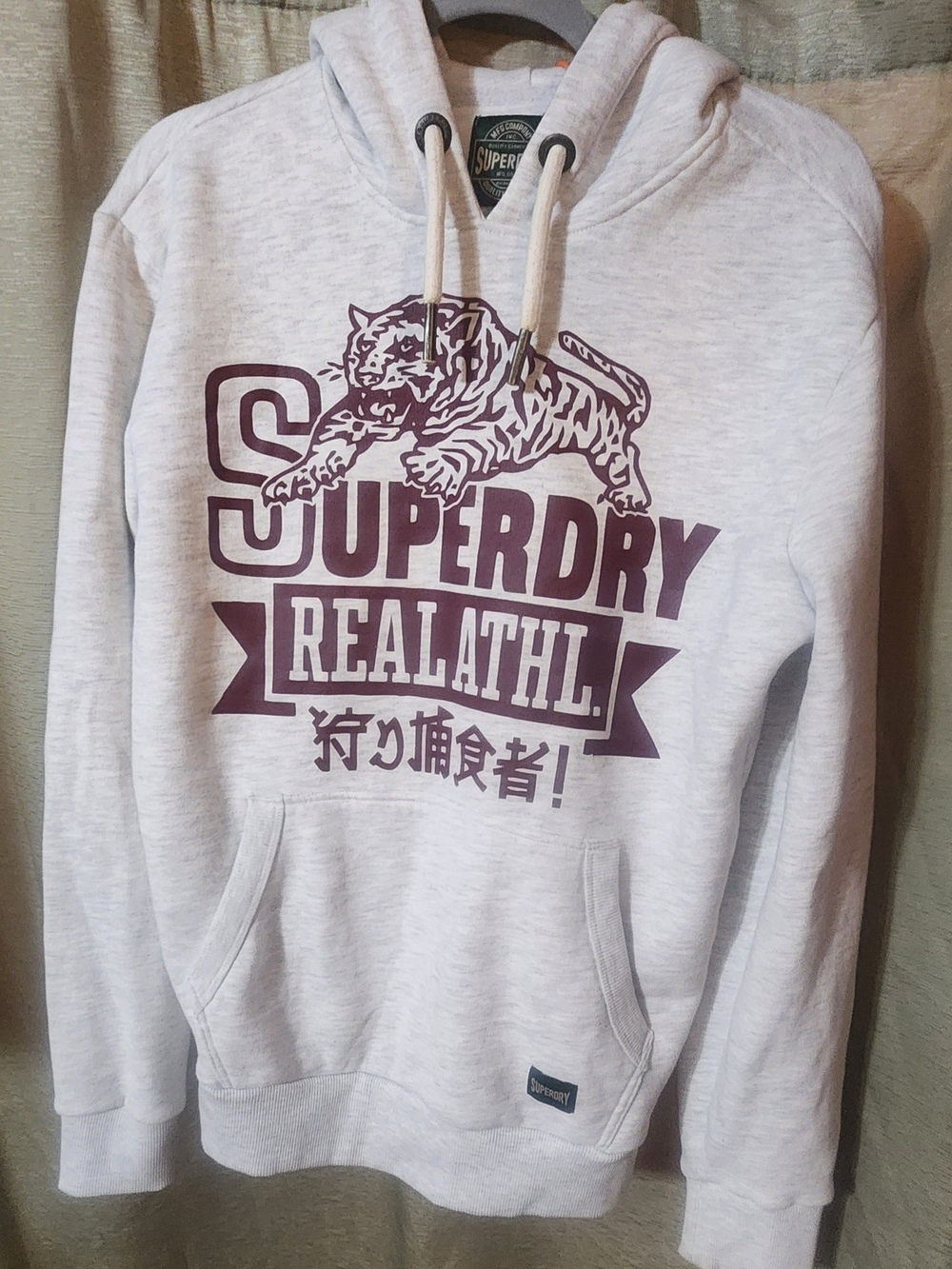 Superdry Light Gray Hoodie with Maroon Logo Tiger Graphic